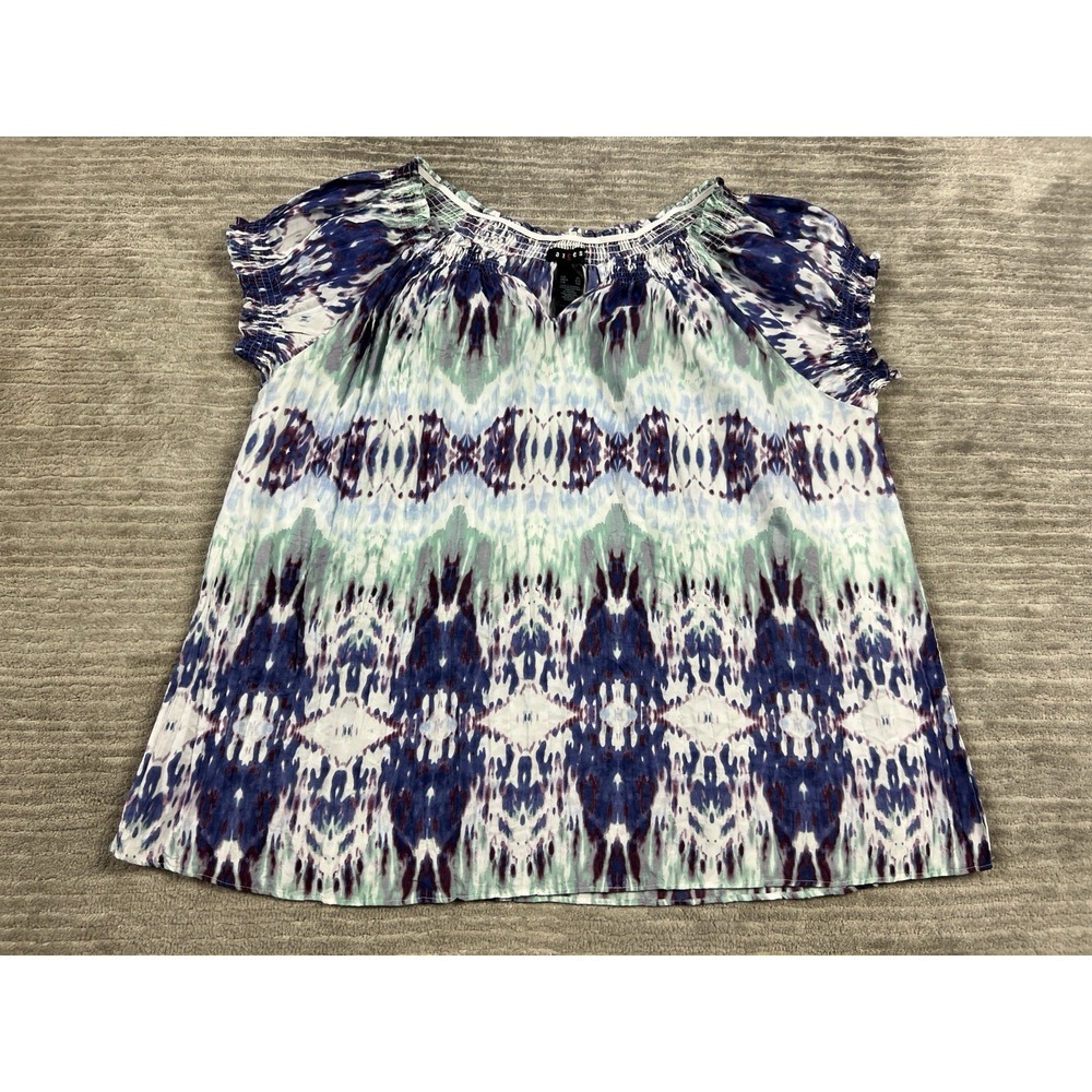 Axcess Blue Green White Patterned Short Sleeve Blouse
